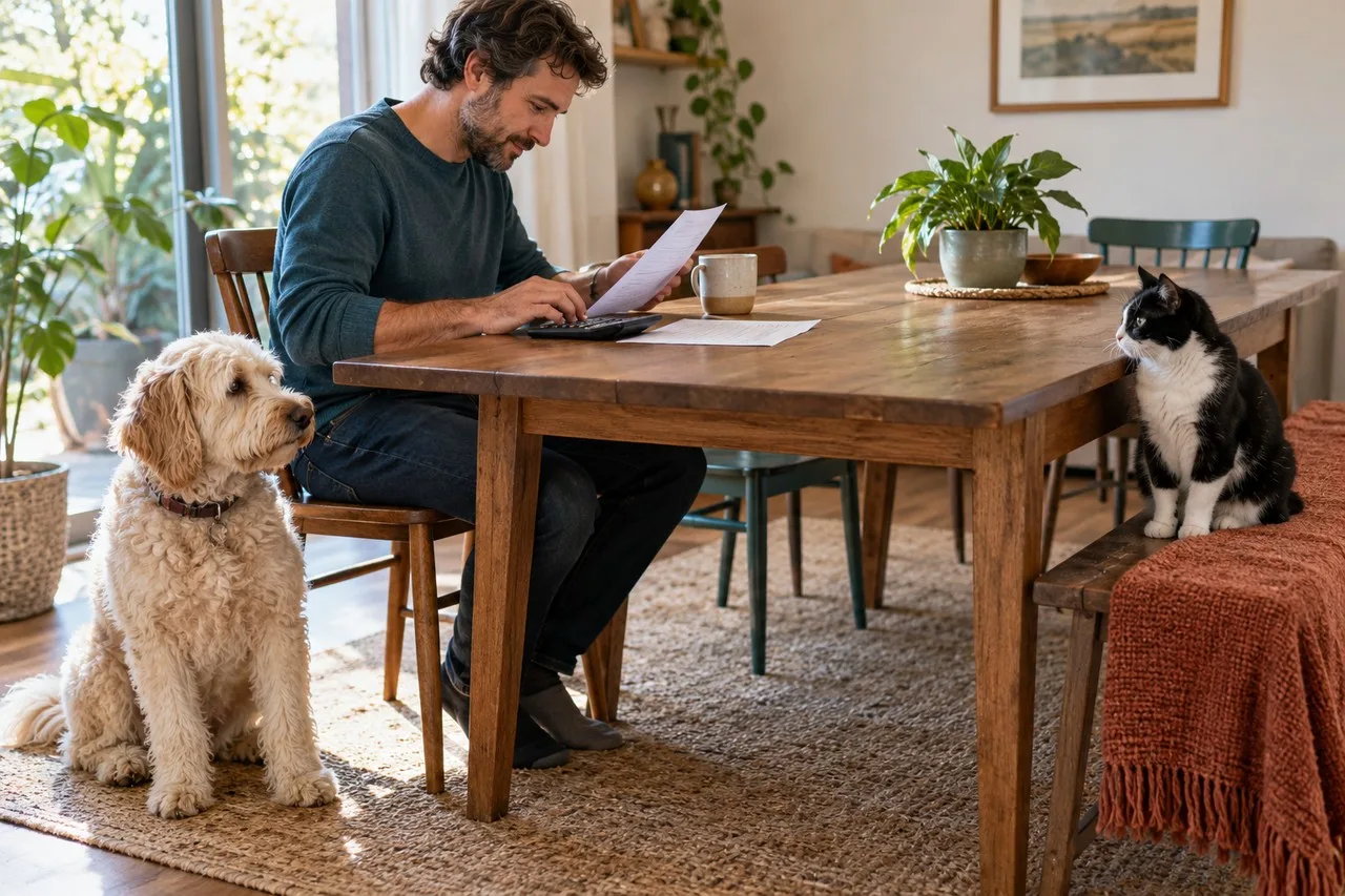 Owner reviewing papers at a table with a dog and cat nearby